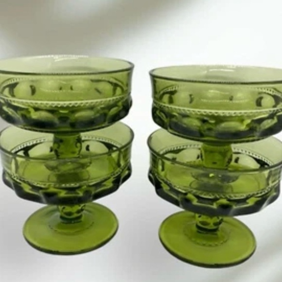 Vintage Indiana Kings Crown Green Thumbprint Glasses Champagne Sherbet Set Of 4 - Picture 5 of 5